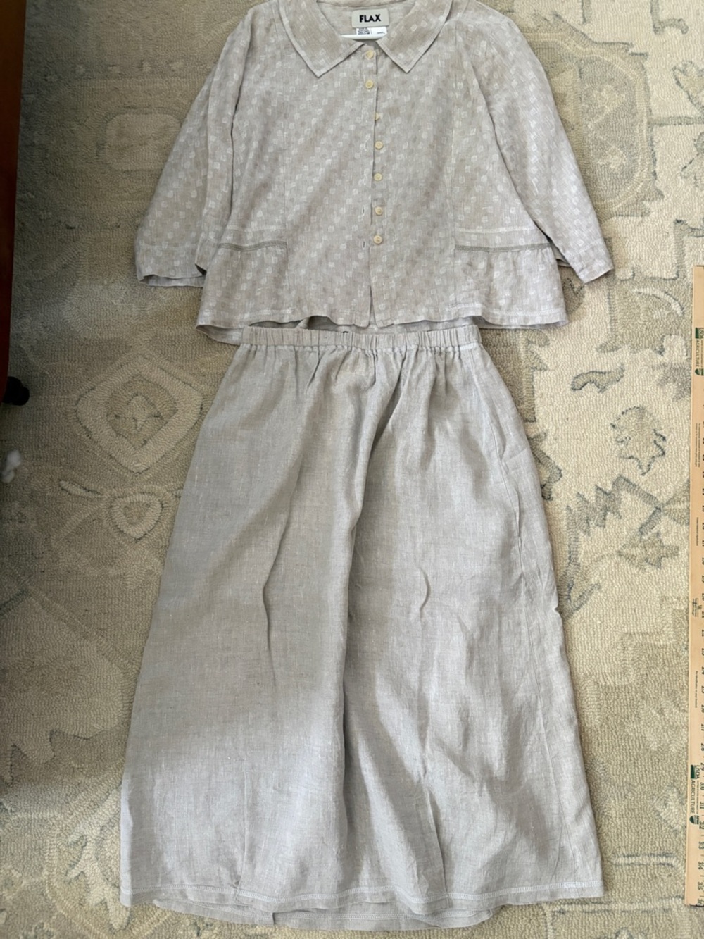 Flax women’s  Taupe Button Front Top & Elastic Waist skirt